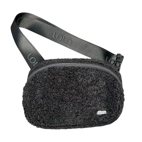 Lole Fleece Belt Bag Black Sherpa Waist Pack Unisex Crossbody Travel Handbag OS - Picture 2 of 11